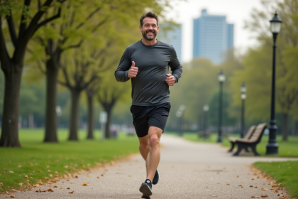 Homme d'âge moyen courant dans un parc urbain verdoyant