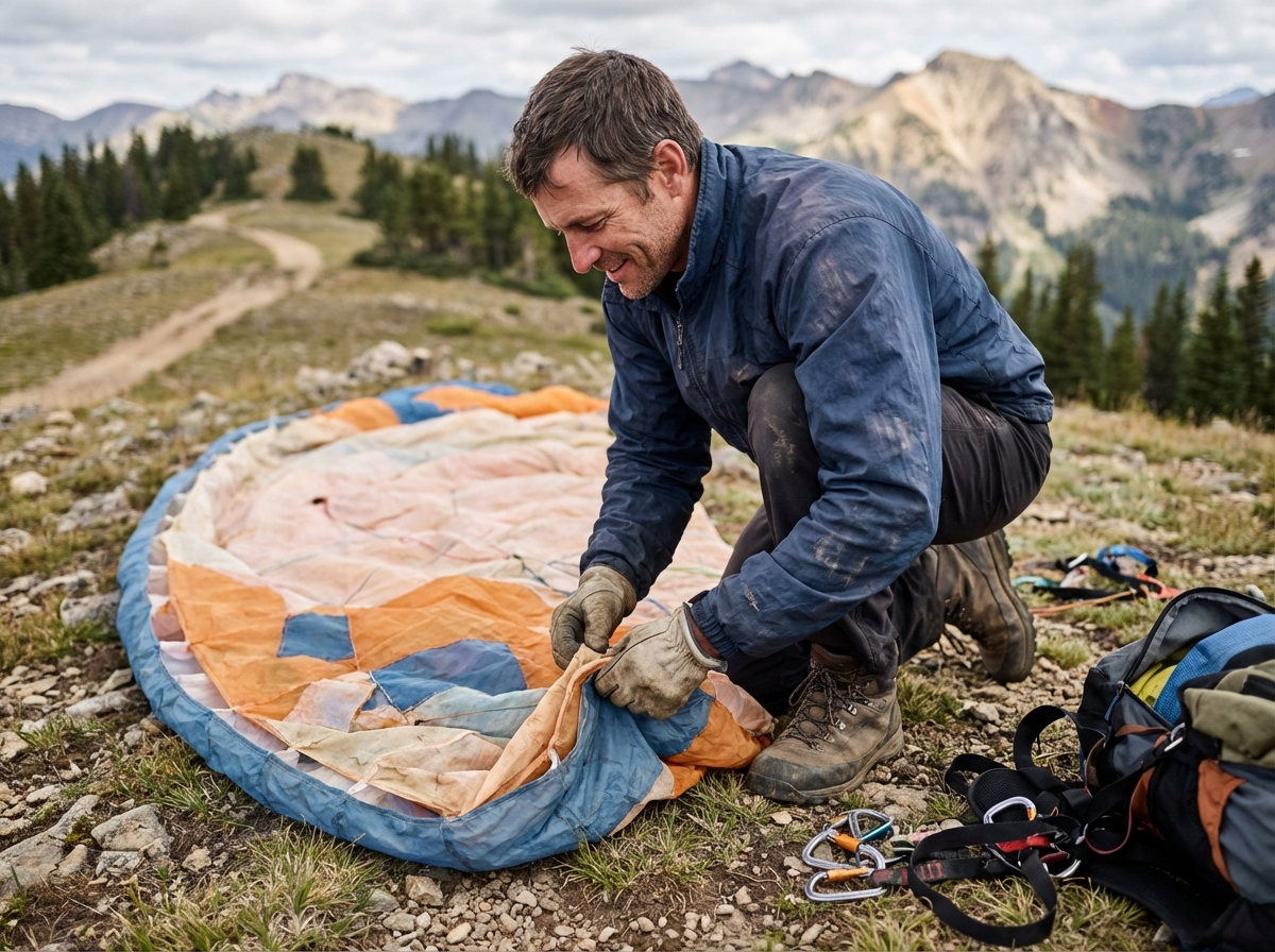 Homme pliant son aile de parapente après atterrissage