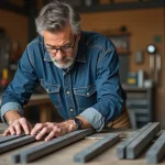 Homme en chemise en denim mesure une barre de métal dans un atelier
