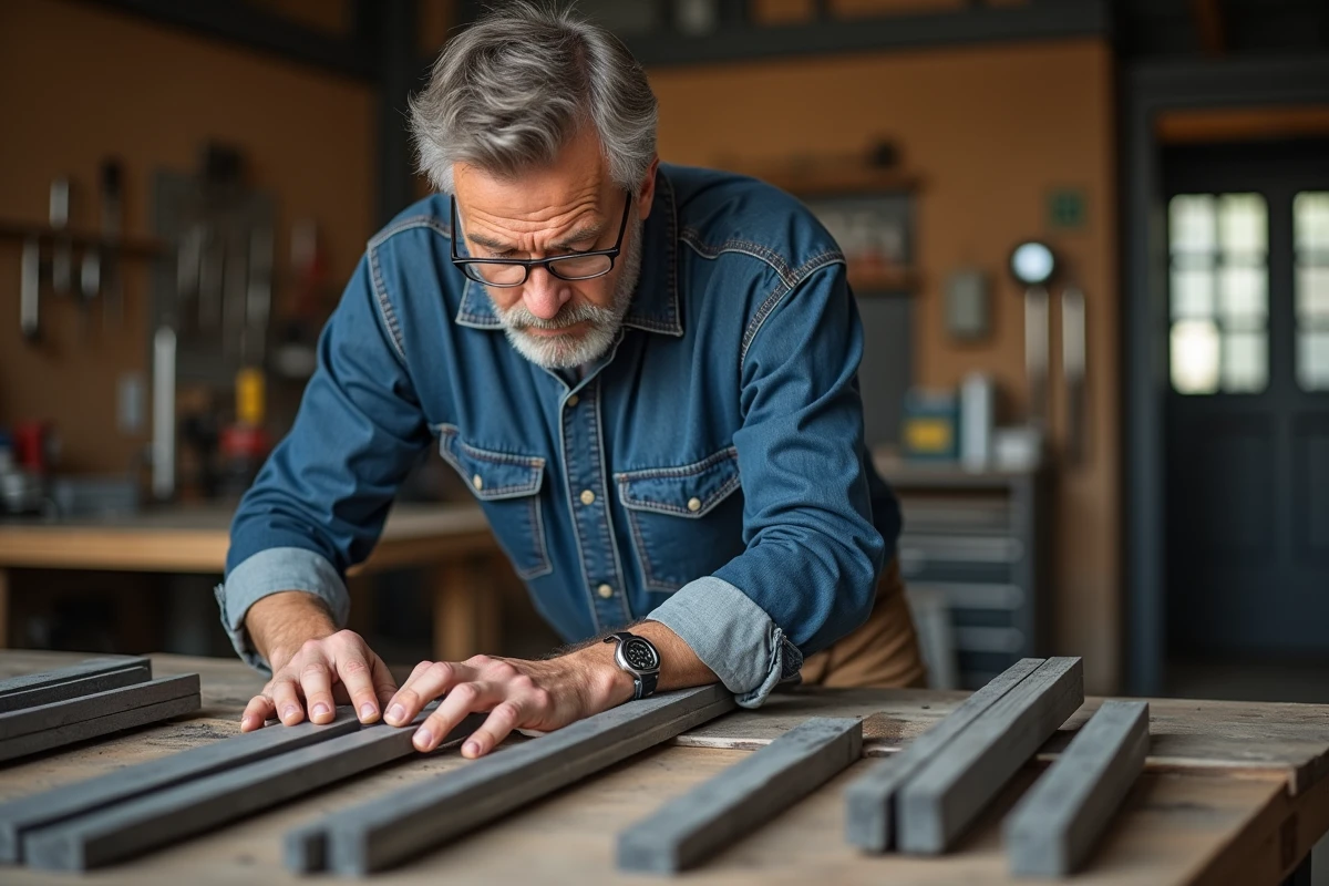 Homme en chemise en denim mesure une barre de métal dans un atelier