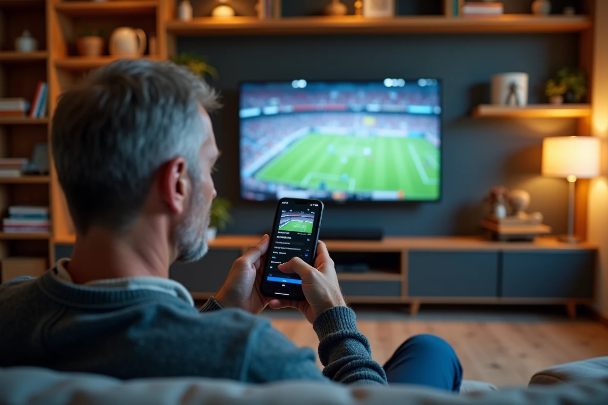 Homme concentré réglant une application de sport sur sa TV