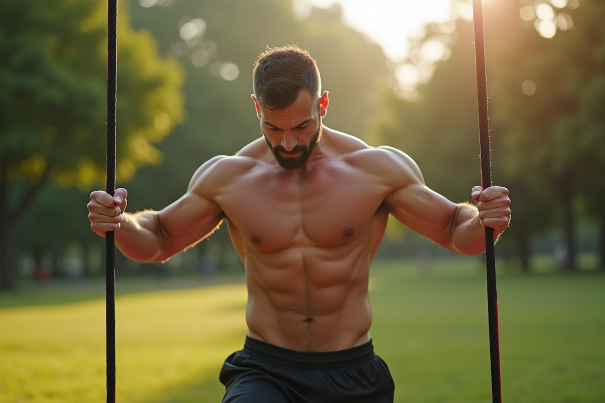 Homme musclé utilisant des bandes de résistance en plein air