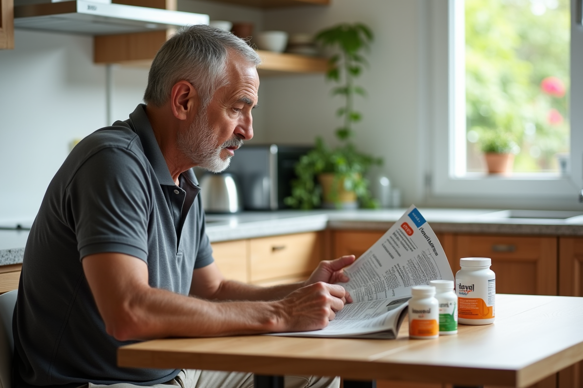 Homme senior concentré lisant un magazine santé dans une cuisine lumineuse