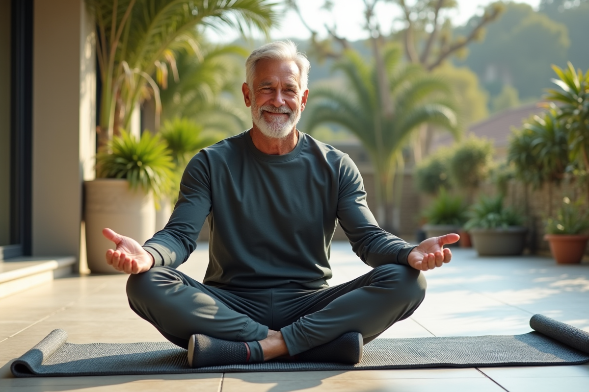 Homme senior assis en méditation sur un tapis dans un jardin paisible