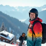 Homme en veste de ski colorée et casque souriant à Les Menuires