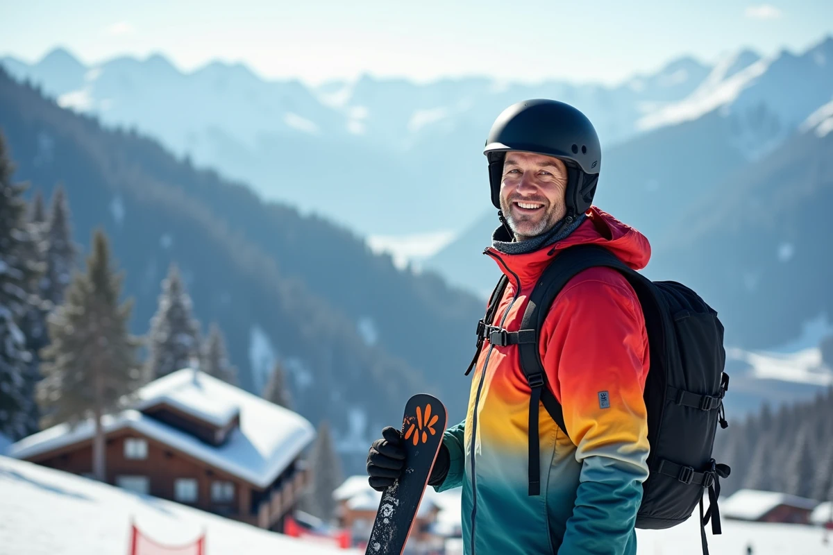 Homme en veste de ski colorée et casque souriant à Les Menuires