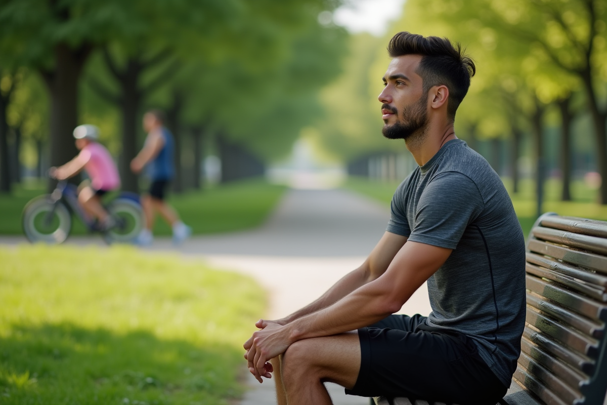 Homme sportif se reposant dans un parc urbain