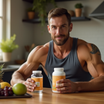 Homme musclé en tenue de sport avec compléments alimentaires