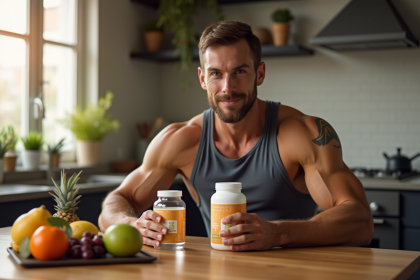 Homme musclé en tenue de sport avec compléments alimentaires
