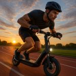 Jeune homme sportif sur scooter électrique au lever du soleil