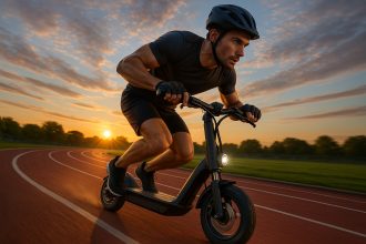 Jeune homme sportif sur scooter électrique au lever du soleil
