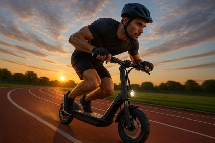Jeune homme sportif sur scooter électrique au lever du soleil