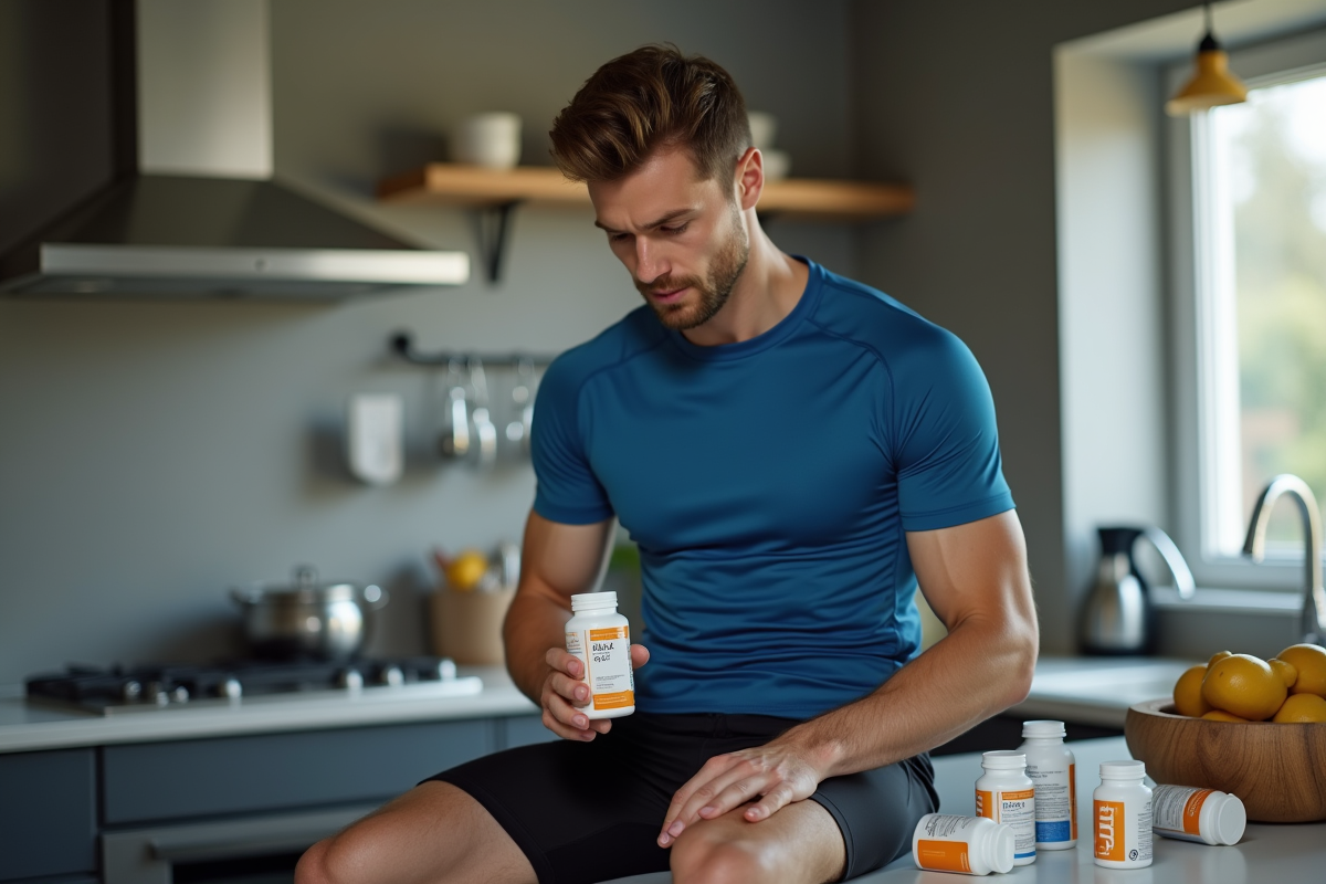 Jeune homme en sport regardant ses compléments dans la cuisine