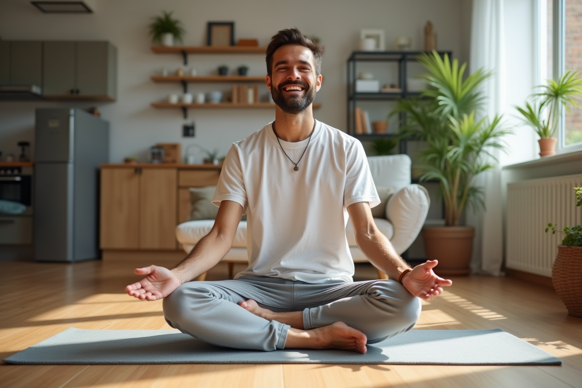 Homme faisant un étirement dans un salon lumineux