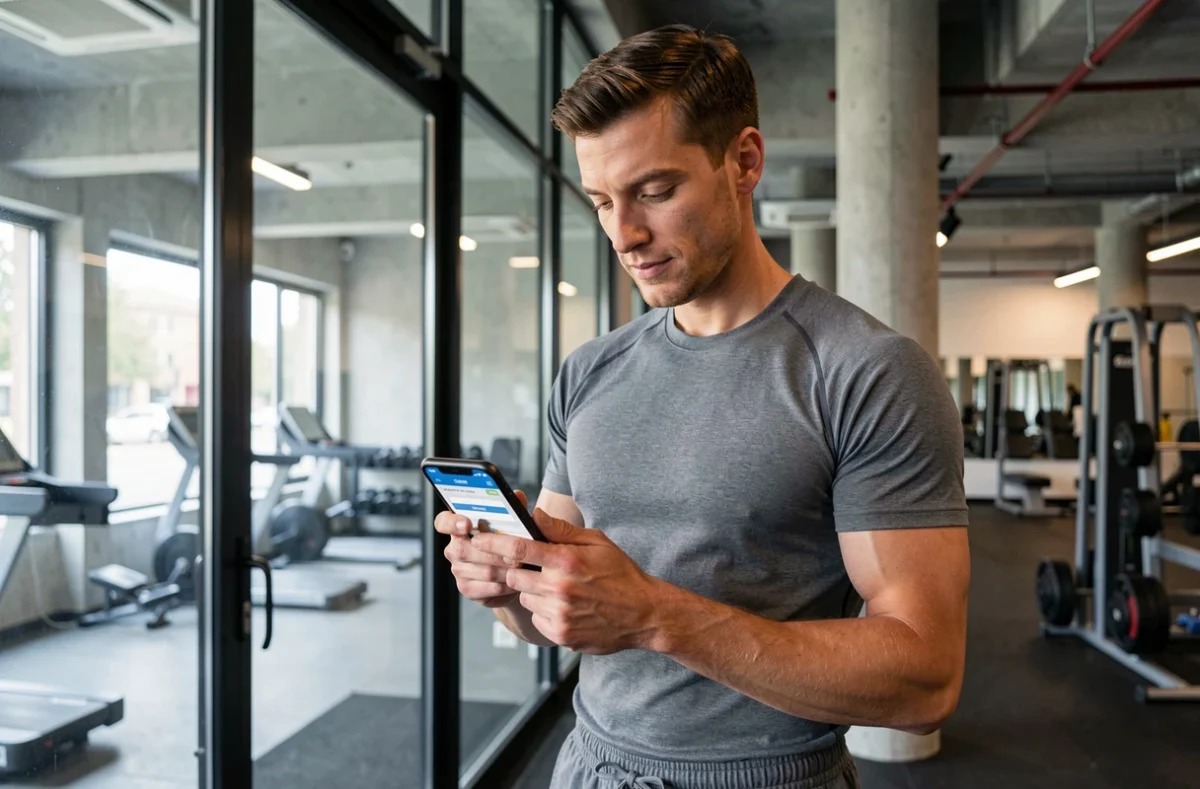 Homme consultant une application sportive sur son téléphone à l'entrée d'une salle de sport