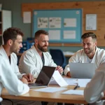 Groupe d'instructeurs de judo en réunion dans un club