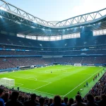 Vue panoramique du stade San Siro lors d'un match de Ligue des Champions de l'Inter de Milan, tribunes remplies de supporters en noir et bleu