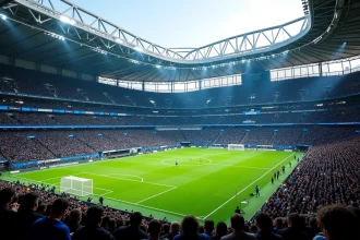 Vue panoramique du stade San Siro lors d'un match de Ligue des Champions de l'Inter de Milan, tribunes remplies de supporters en noir et bleu