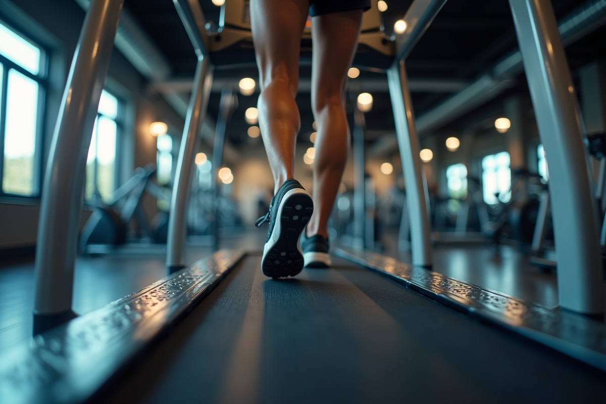 Détail des jambes sportives sur tapis inclinable dans salle de sport