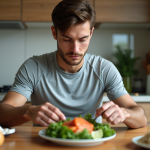 Jeune athlète préparant un repas équilibré dans la cuisine