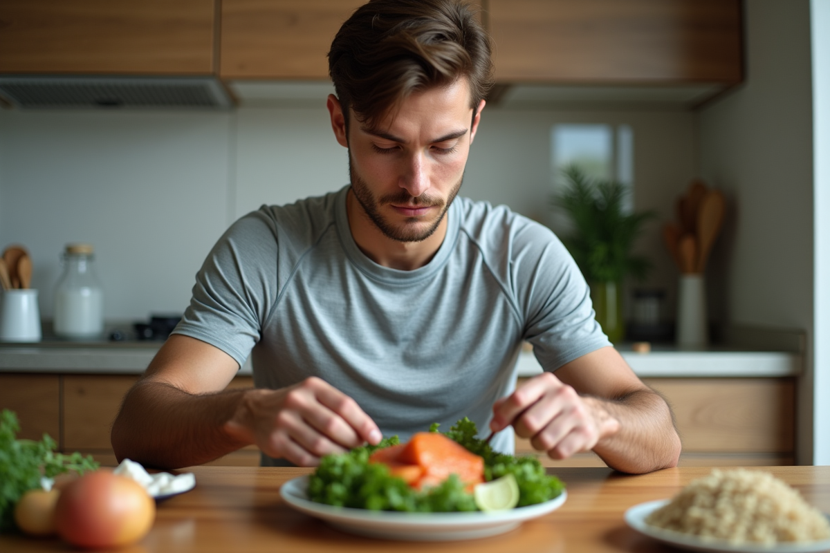 Jeune athlète préparant un repas équilibré dans la cuisine