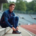 Jeune athlète français en tenue de sport sur les gradins