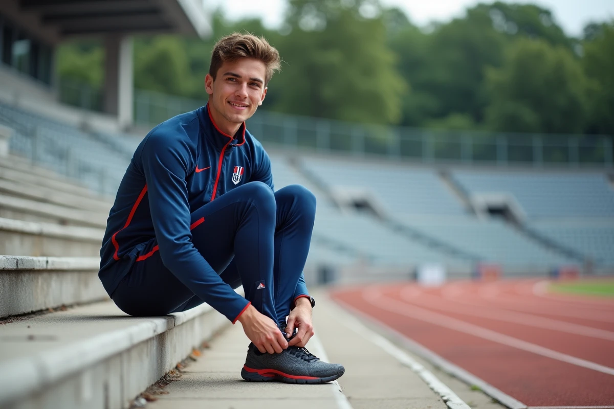 Jeune athlète français en tenue de sport sur les gradins