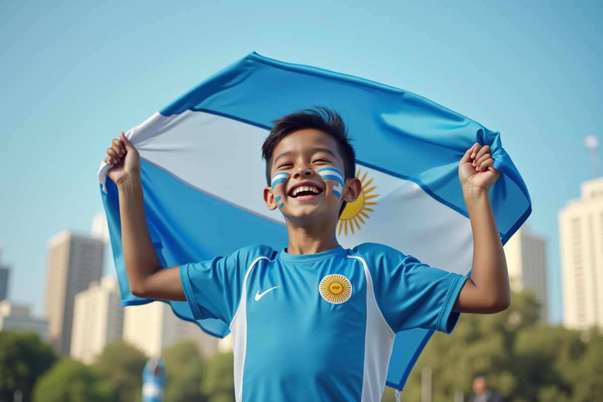 Jeune supporter argentin avec drapeau et visage peint