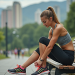 Jeune femme sportive attache ses chaussures de course en ville