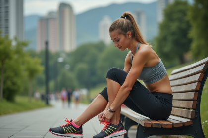 Jeune femme sportive attache ses chaussures de course en ville