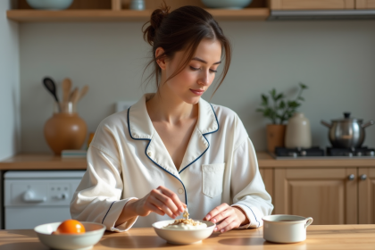 Jeune femme en pyjama préparant son petit déjeuner dans une cuisine moderne