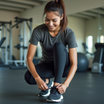 Jeune femme en tenue de sport attachant ses chaussures de course