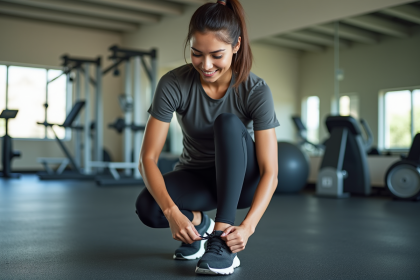 Jeune femme en tenue de sport attachant ses chaussures de course