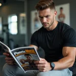 Jeune homme lisant un magazine muscle dans une salle de sport