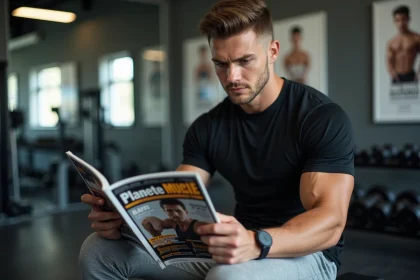 Jeune homme lisant un magazine muscle dans une salle de sport