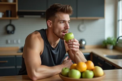 Jeune homme sportif mangeant une pomme verte dans la cuisine