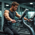 Jeune homme musclé ajustant des poids en salle de sport