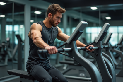 Jeune homme musclé ajustant des poids en salle de sport