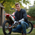 Jeune homme en motocross nettoyant sa chaîne en extérieur