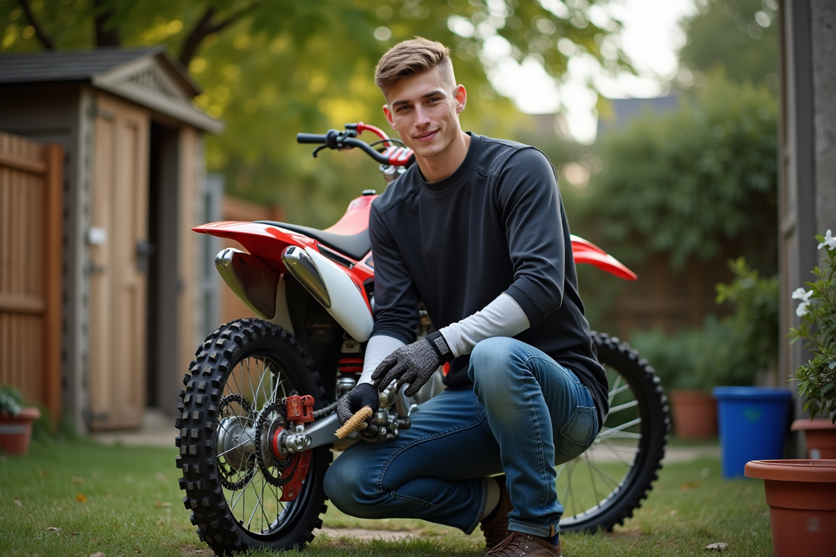 Jeune homme en motocross nettoyant sa chaîne en extérieur