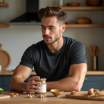 Jeune homme en pleine réflexion avec étiquette nutrition