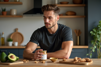 Jeune homme en pleine réflexion avec étiquette nutrition