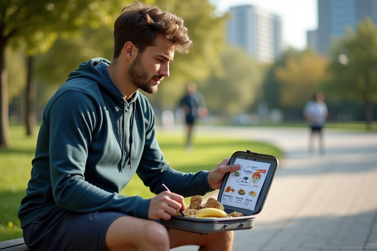 Jeune homme prépare son repas avant une course dans le parc