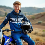 Jeune homme en gear motocross souriant à côté d'une Yamaha 125 en plein air
