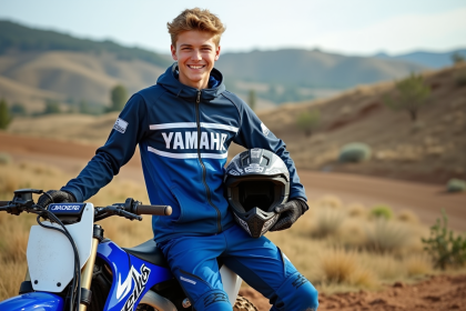 Jeune homme en gear motocross souriant à côté d'une Yamaha 125 en plein air