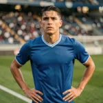 Jeune joueur de l'équipe nationale italienne de football en maillot azur sur le terrain d'un stade professionnel