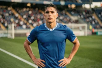 Jeune joueur de l'équipe nationale italienne de football en maillot azur sur le terrain d'un stade professionnel