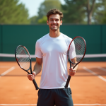 Jeune homme athlétique en tenue de tennis sur court extérieur