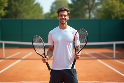 Jeune homme athlétique en tenue de tennis sur court extérieur