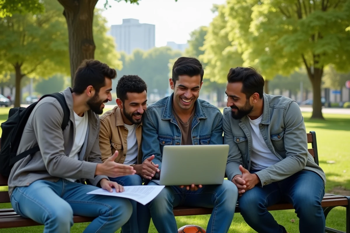 Jeunes algériens discutant autour d’un ordinateur en plein air